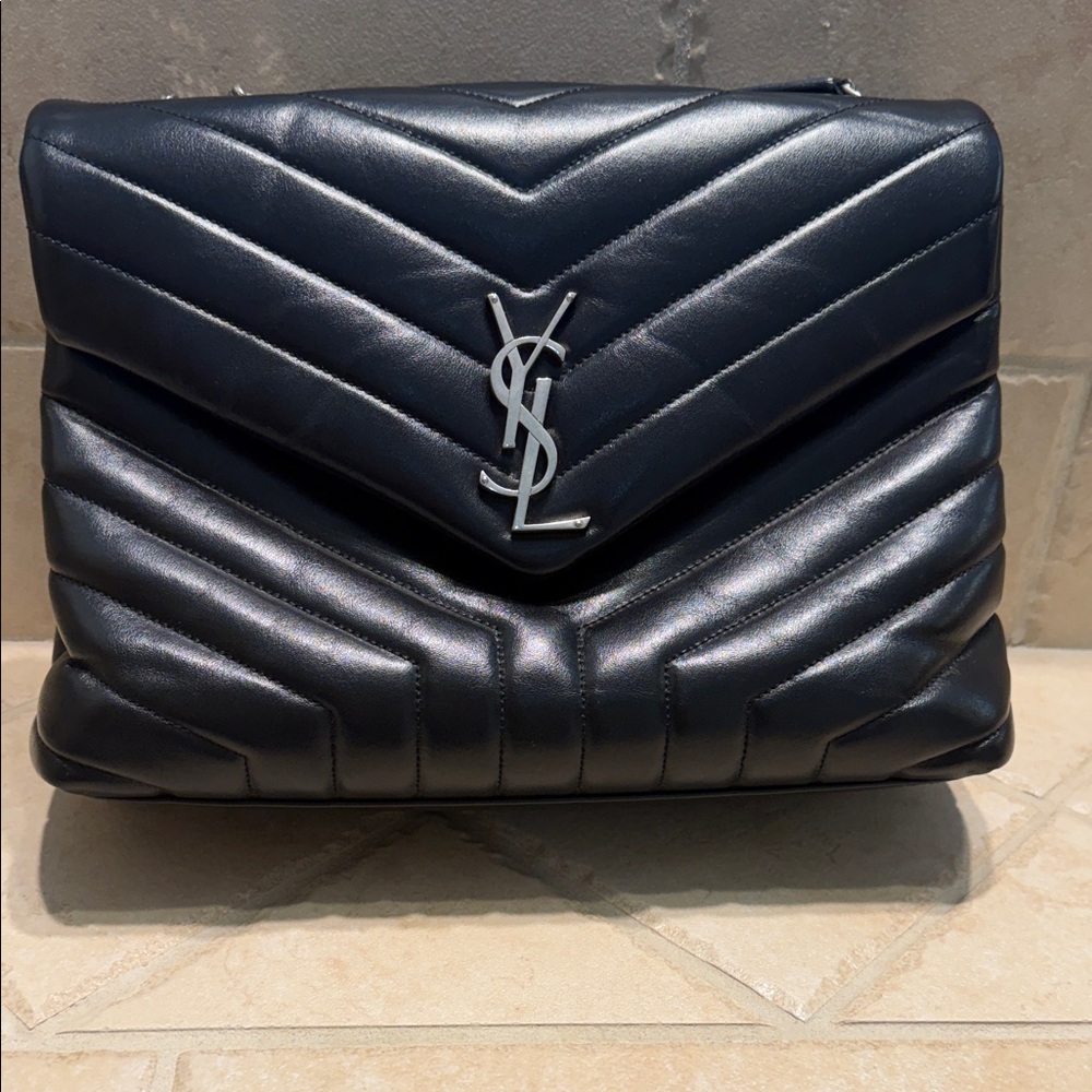 Saint Laurent Black Chevron Quilted Envelope Shoulder Bag with Silver YSL